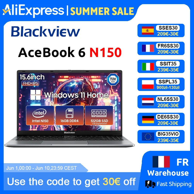 Blackview AceBook 6 Laptop 15.6" FHD IPS Intel Twin Lake N150 16GB RAM 512GB SSD + expansion up to 1TB Windows 11 Home Notebook