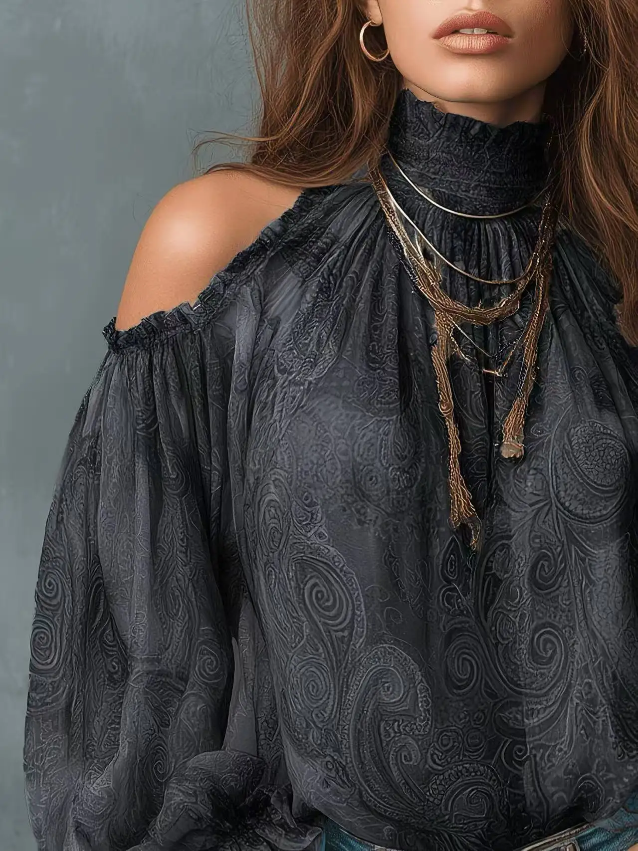 Women's Cold Shoulder Paisley Blouse | High Ruffle Neck Long Lantern Sleeve Top | Dark Grey Jacquard Tunic | Boho Vintage Chic S view 2