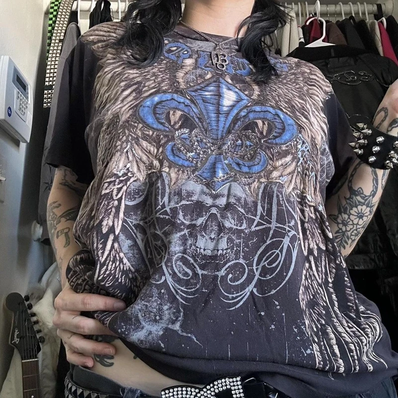 2000s Retro Y2K Cyber Goth Skull Wing T-shirt 90s Vintage Graphic 