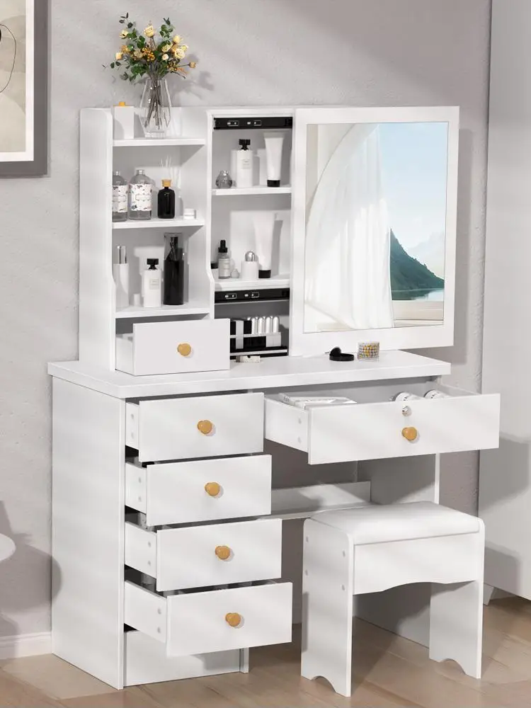 Small dressing table with sliding mirror, mini dressing table with 6 storage drawers and shelves, hidden storage space