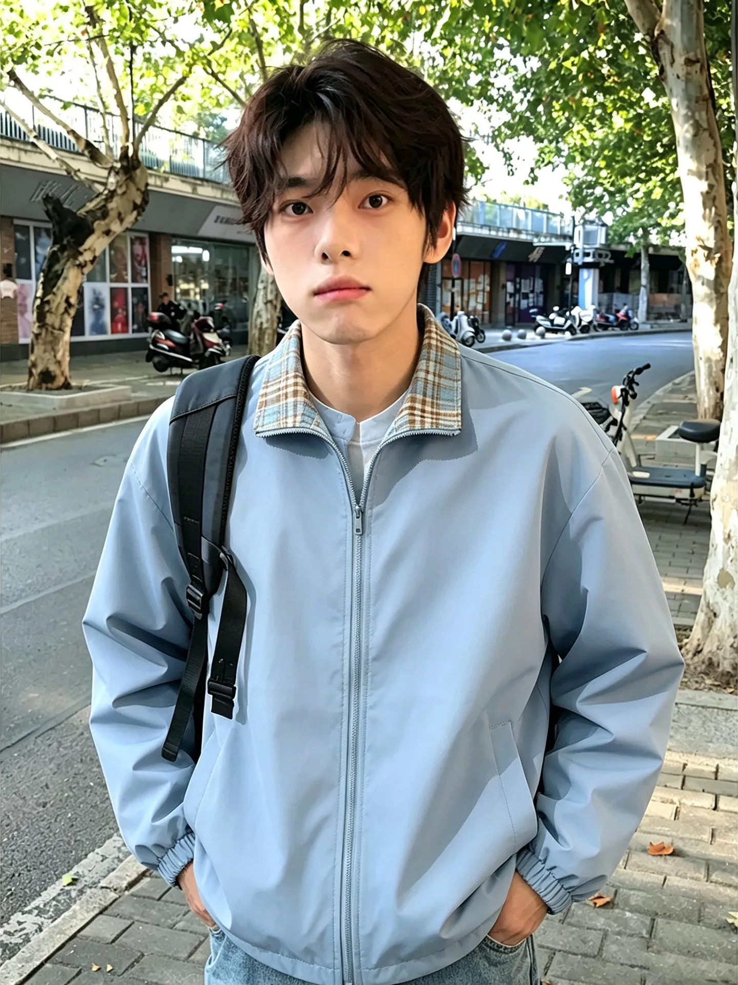 Light Blue Contrast Color Plaid Men's Jacket Autumn American Retro Flight Jacket Couple's Stand Collar Baseball Uniform
