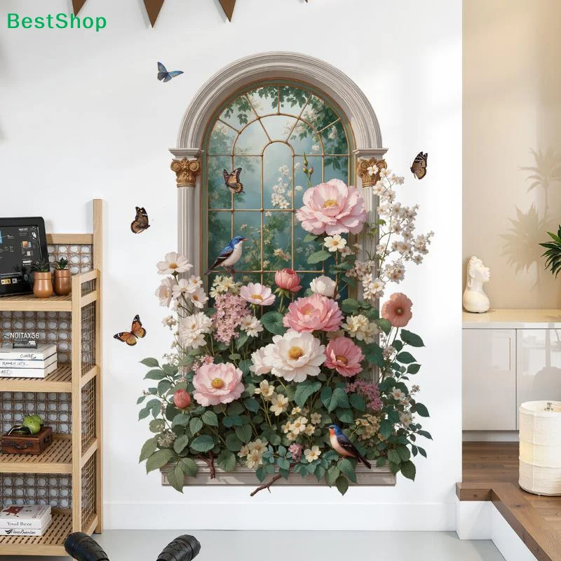 Arched Window Floral Wall Sticker Butterfly Bird Self-Adhesive Mural Removable Peel For Bedroom Living Room Wall Decor