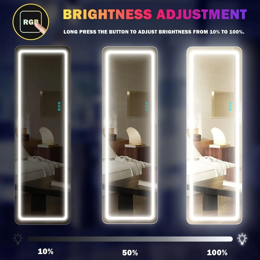 مرآة كاملة الجسم بإضاءة LED، مرآة قائمة مقاس 63 بوصة × 20 بوصة، أضواء يعتم كاملة الطول، مرآة الجسم كاملة الحجم، مرآة مضاءة بإضاءة RGB