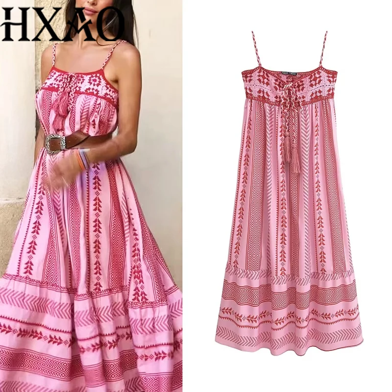 HXAO – robe longue mi-longue élégante pour femmes, mode décontractée, imprimé papillon brodé, à lacets, été, 2024