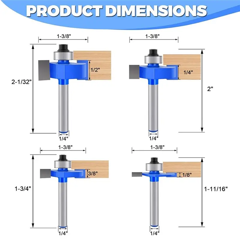 Set di punte per fresatura multi-deponenti regolabili AWAH - Gambo da 4 pezzi da 1/4 di pollice con taglierina a 6 cuscinetti