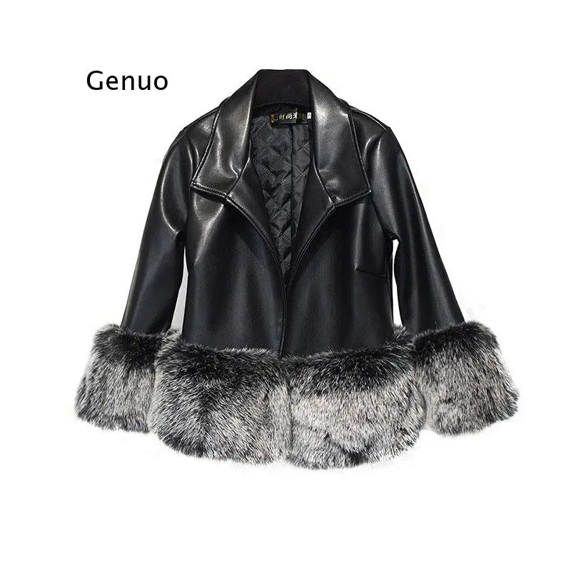 Imitation Fur PU Leather Jacket Coat For Women 2022 Autumn Winter New Short Cotton Lining Patchwork Female Trend