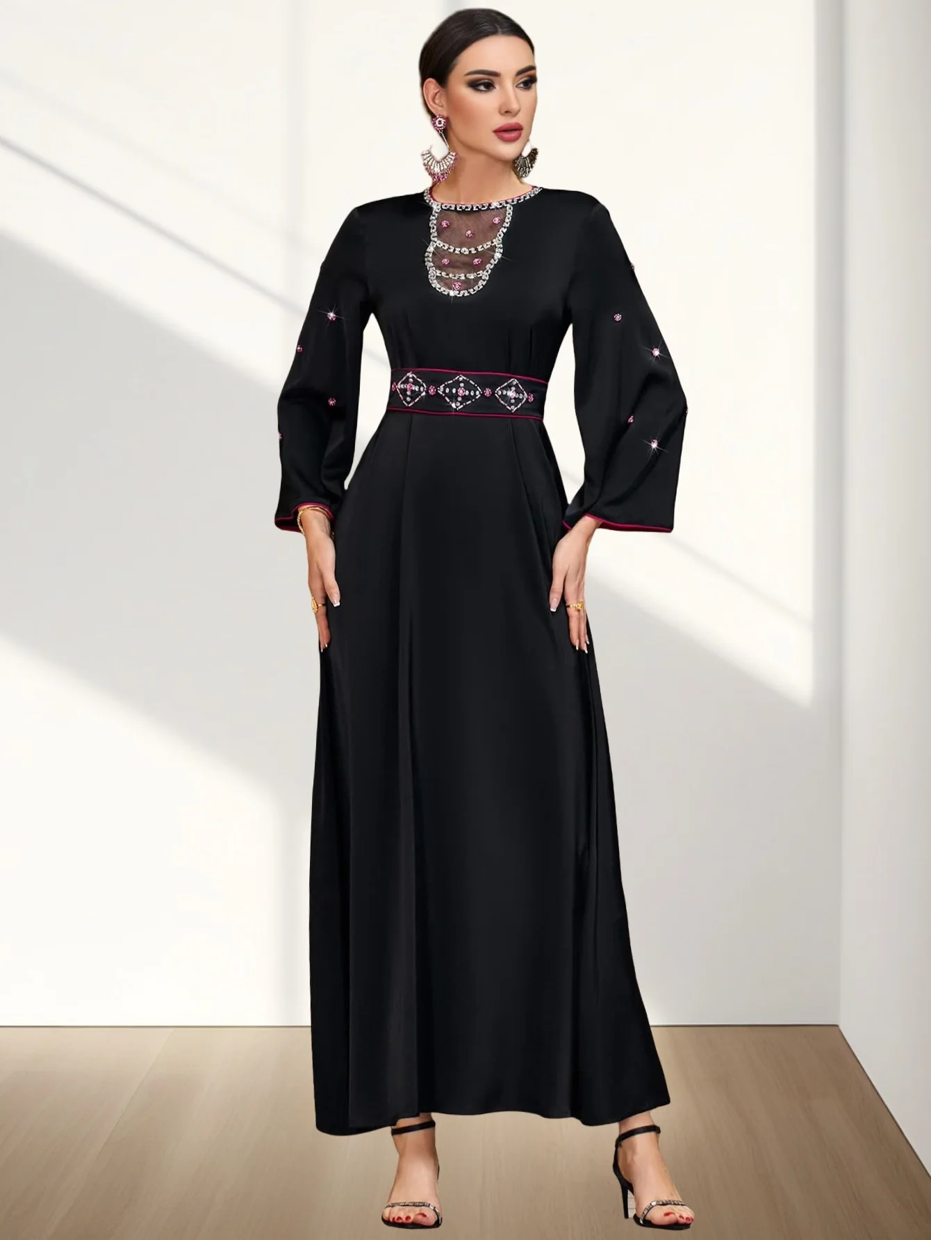 แฟชั่นผู้หญิงเพชรซาติน Maxi ชุดมุสลิม Abaya ดูไบ Kaftan Eid Djellaba อิสลามเสื้อผ้า Robe Caftan Marocain Femme Abayas