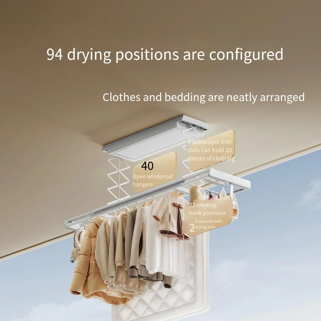 Smart Dryer Battery Powered Electric Lift Silent Air Drying Rack Light Emitting Diode Lighting Voice Application