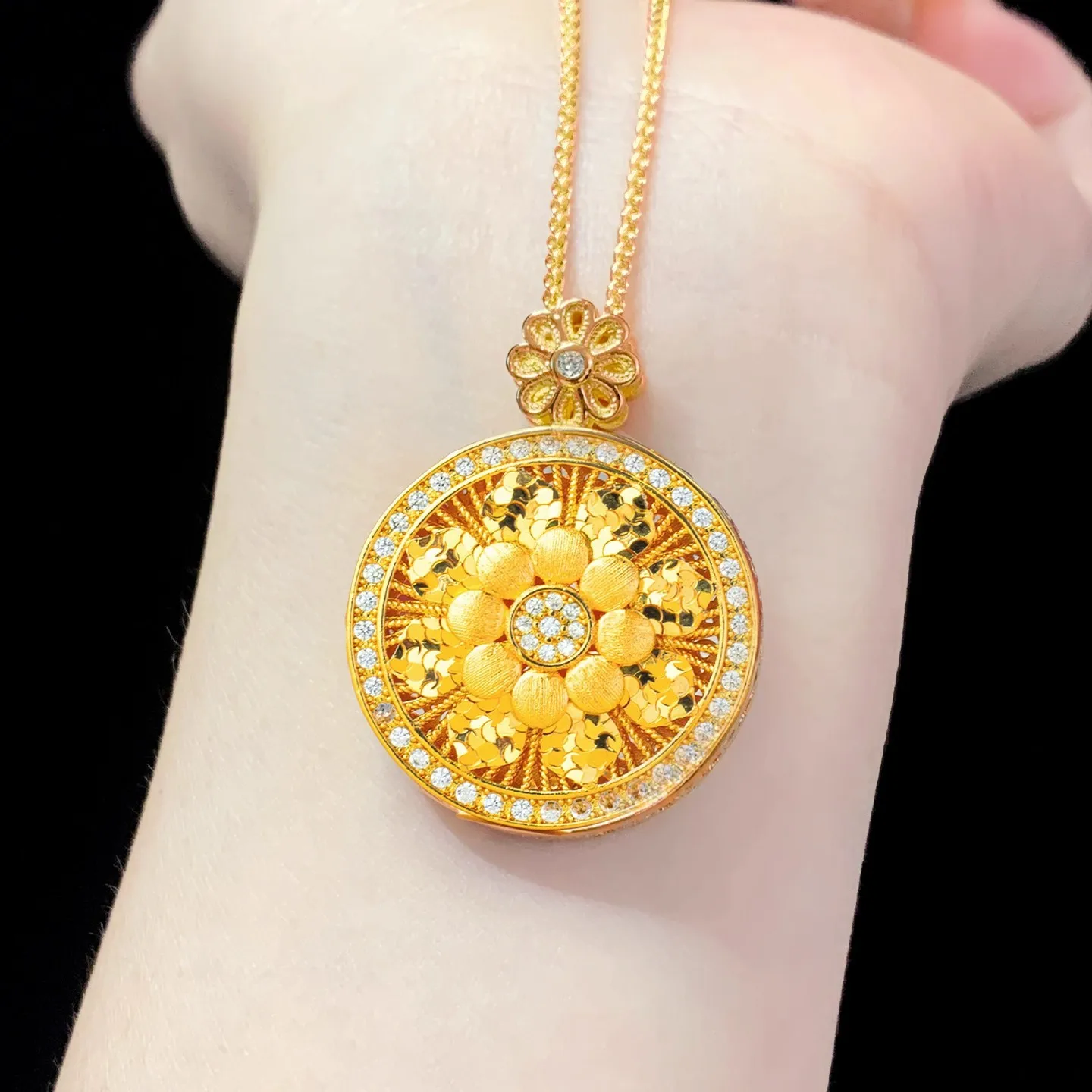 Diamond-Embedded Prosperity Moon Sweater Chain Women's 24K Gold AU999 - Long sweater chain, neckline-flattering for workplace
