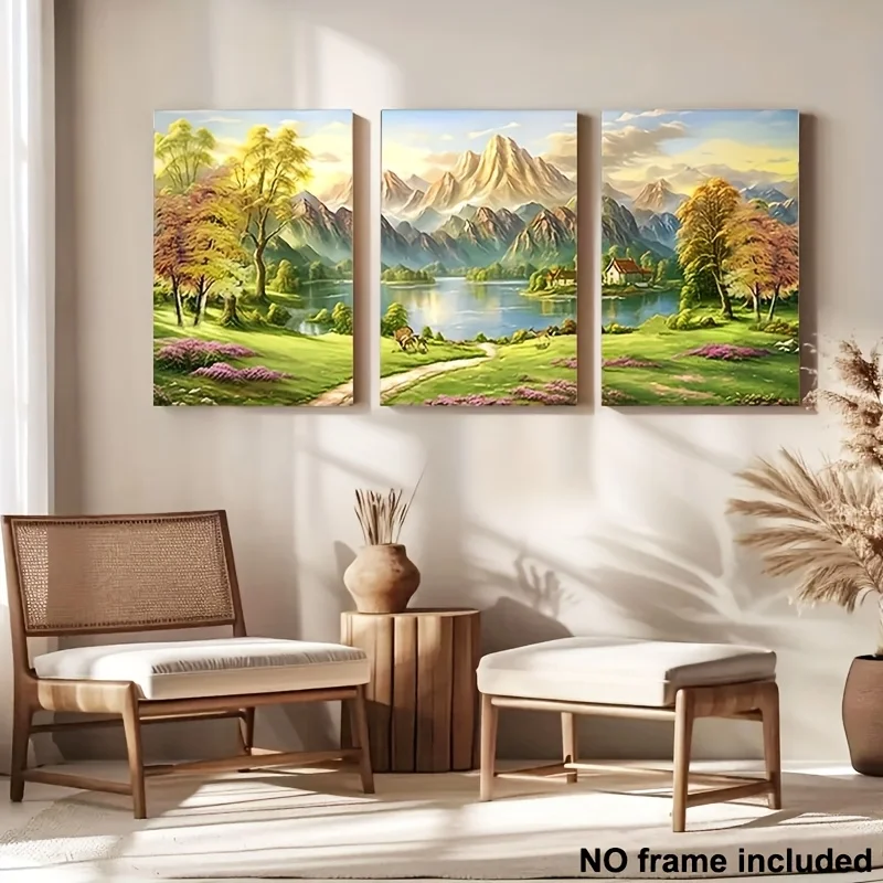 Impressions artistiques sur toile de paysage vibrant, 3 pièces, sans cadre, prado alpin serène et scène de montagne cousue de neige, idéales pour la maison, le bureau,