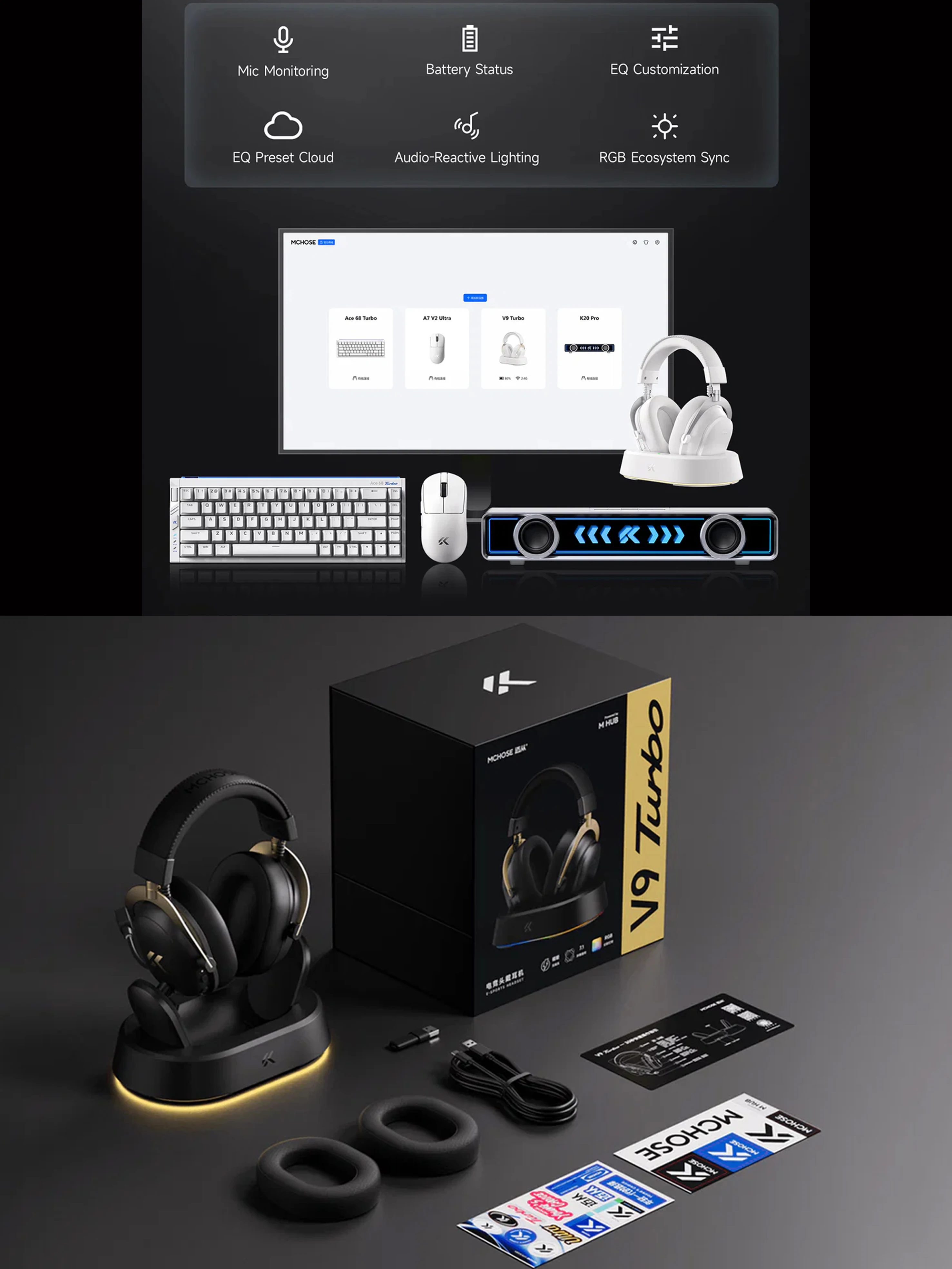 MCHOSE V9 Turbo+ Magnetisches Kabelloses Gaming-Headset 7.1 Surround Sound 90 ° Schwenkbare Ohrmuscheln 60mm Geringe Latenz RGB Magnetisches Aufladen – Detail 11