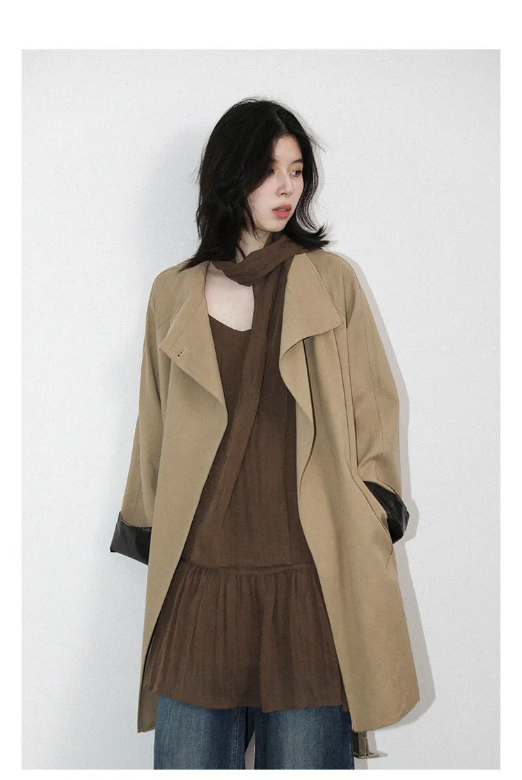 CHIC VEN Korean Women Mid Length PU Jacket Stand Collar One-button Laced Up Overcoat Office Lady Trench Coat Spring Autumn 2026