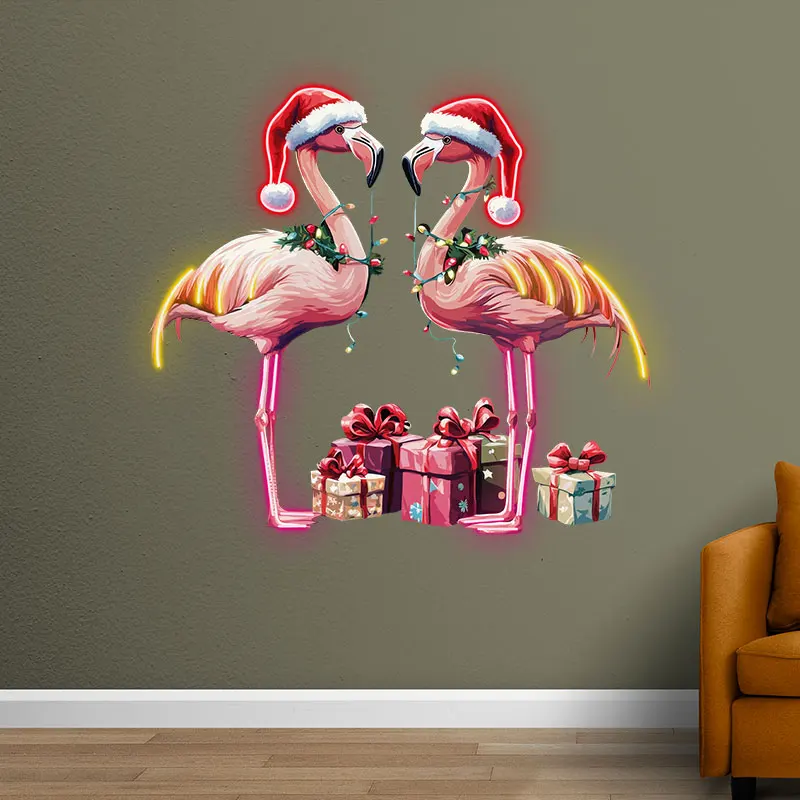 Christmas Flamingo Couple Neon Sign, Creative Wall Hanging Neon Light, Perfect Home Festival Decor Light