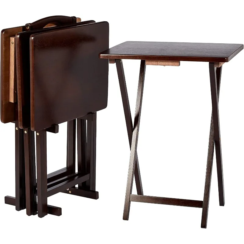 

Classic Foldable Portable TV Dinner Rectangular Folding Tray Table with Storage Rack - 4-Pack, Espresso,