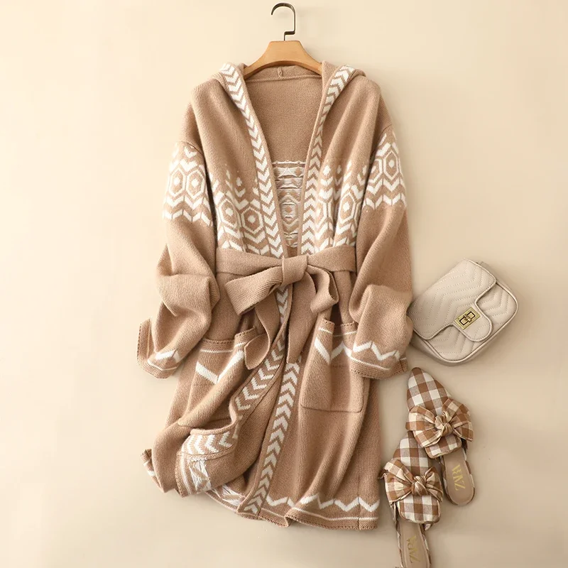 europe winter trendy thick knitted luxury 100% cashmere hooded cardigan coat fancy jacquard trendy long sweater outerwear