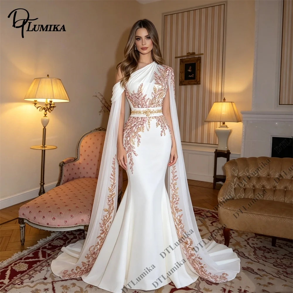 

DTLumika Goddess Long Formal Evening Dress with Beadings Crystals Long Cape Sleeves Customized Prom Dress Charity Dinner Gown