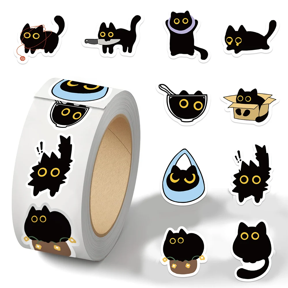 500 ピース/ロールかわいい黒猫漫画ステッカー創造性 DIY PVC ラップトップデカール装飾 Stiker 報酬ギフトおもちゃ