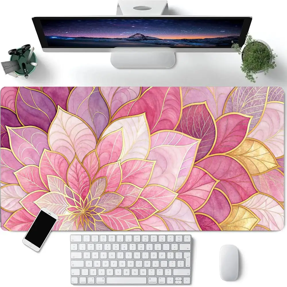 

Pink Flowers and Leaves Mouse Pad Large Rubber Anti-slip PC Desk Accessories Mousepad for Office & Gamer Keyboard Mats Decor Mat