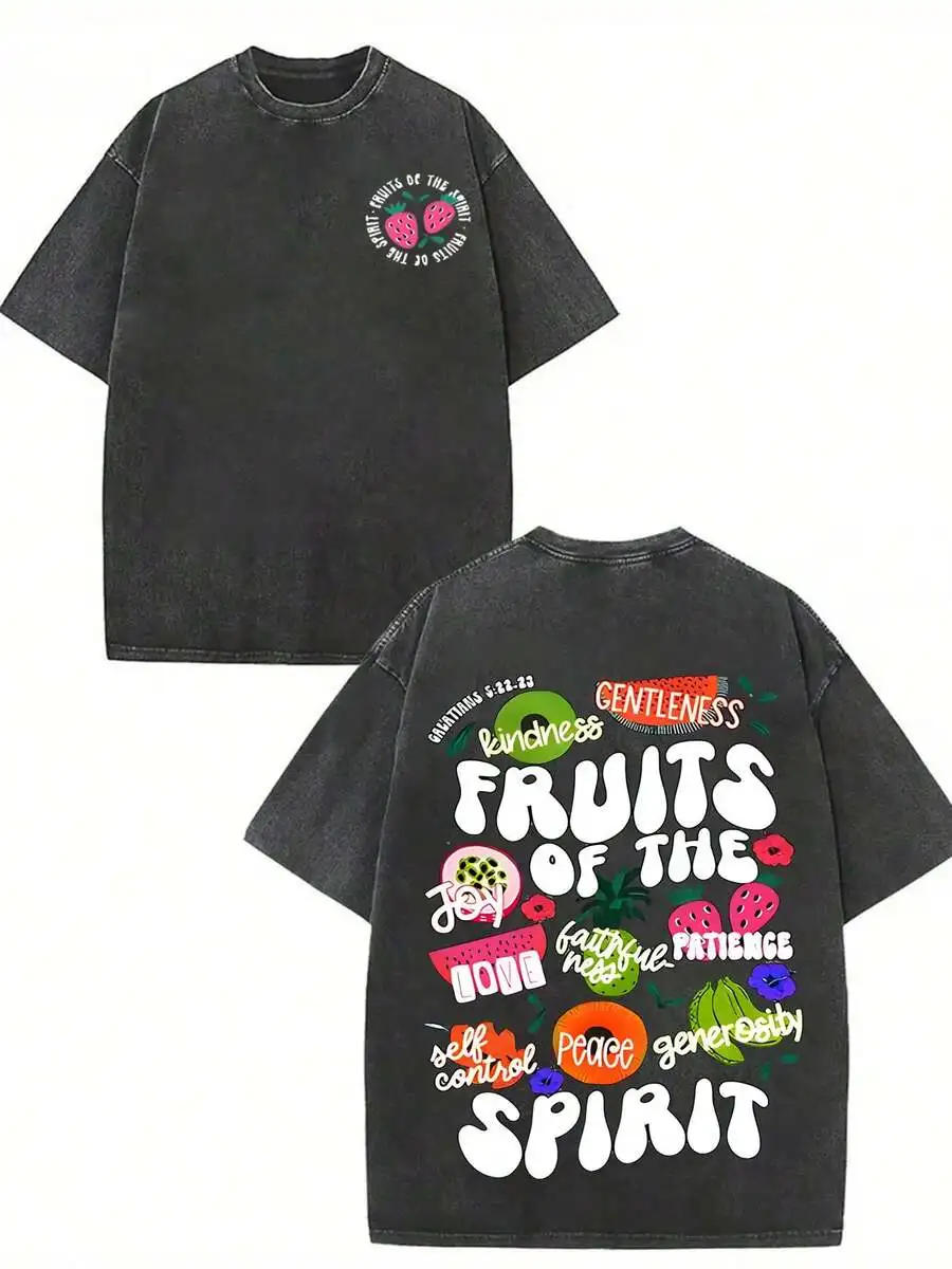GLEC Retro-Chic Cotton T-Shirt - 230g Washed Pure Cotton, Featuring Vibrant Fruit Patterns (Strawberries, Watermelons, Kiwis, Dragon Fruit) for a Casual & Comfortable Look – Embrace Happiness, Kindness, Spirit, & Generosity!