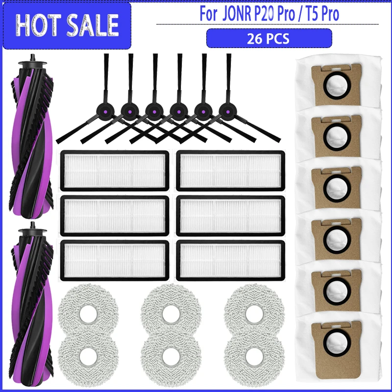 Hauptbürste, Seitenbürste, HEPA-Filter, Wischtuch, Staubbeutel, kompatibel mit JONR P20 PRO / JONR T5 PRO / Haier V30 Staubsaugerteilen und Zubehör