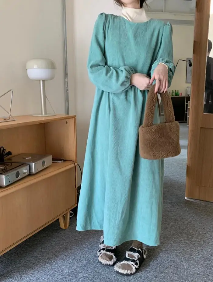 Autumn/Winter New Fashion Long Sleeved Round Neck Corduroy Solid Color Slim Fit Dress For Women,2 Colors