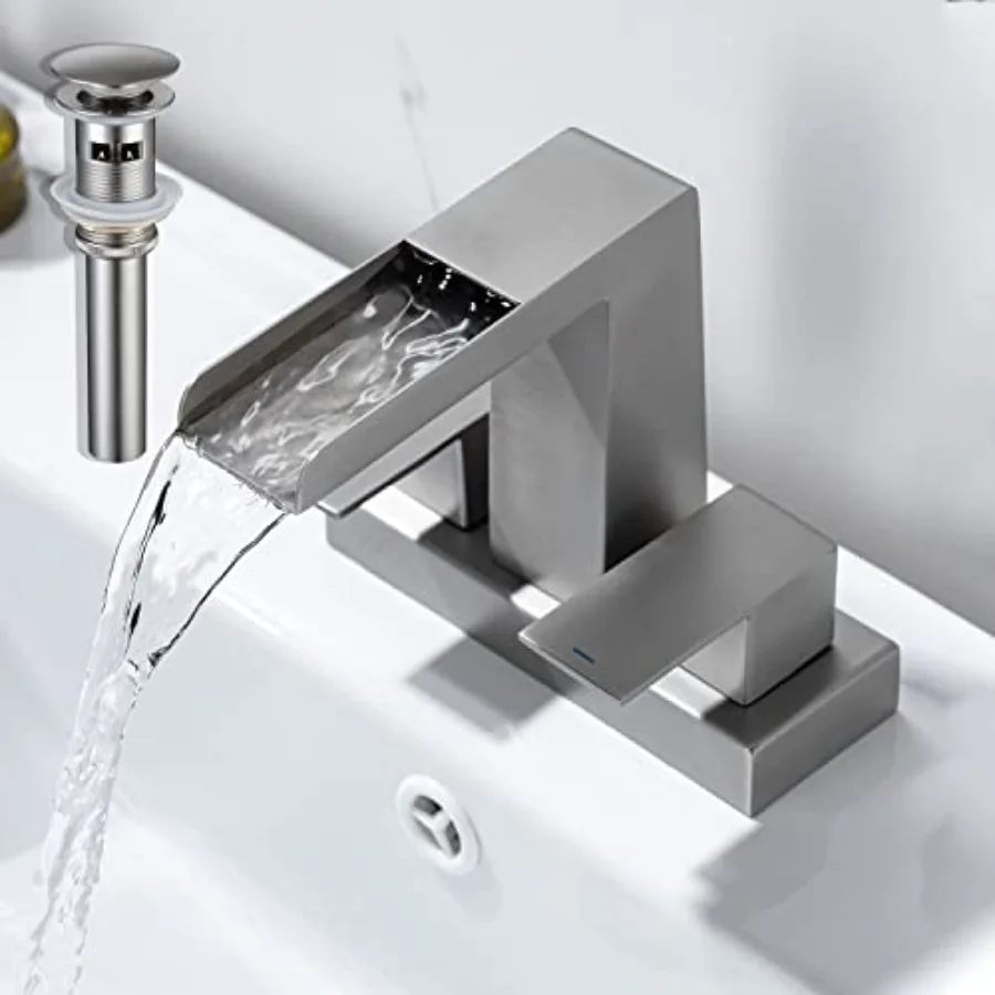 

4 Inch Centerset Waterfall Bathroom Faucet 3 Hole Lavatory Vanity Sink Faucet Two Handles Modern Sink Faucet with Overflow Pop