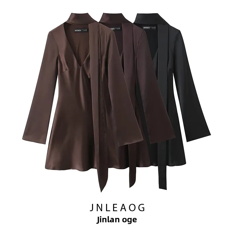 エレシルクサテン風スカーフ ドルデザイン 秋新作 スレ レディース ファッション カジュアル ストレートカット ロングスカーフ スリムフィット ドル