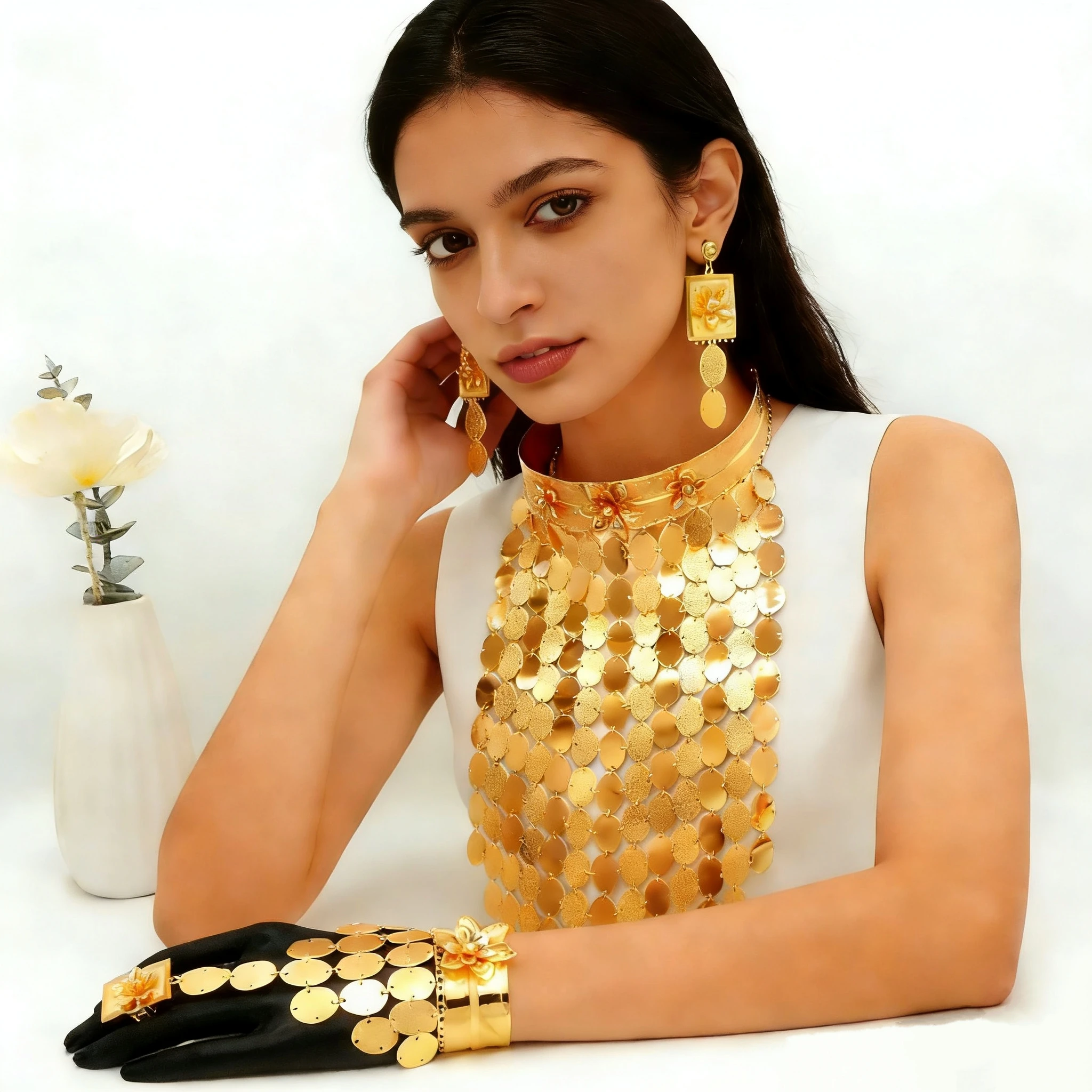 Dubai Fashion Luxury Long Wide Necklace Set Saudi Arabia Floral Pattern Women's Jewelry Set Wedding Bridal Accessories Gift