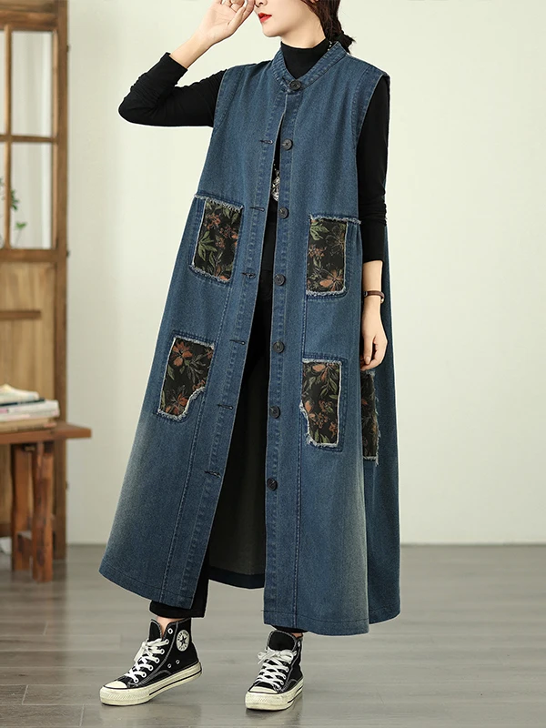Vintage retalhos denim svel jaet tamanho grande feminino único botão gola casaco longo sle outono outerwear