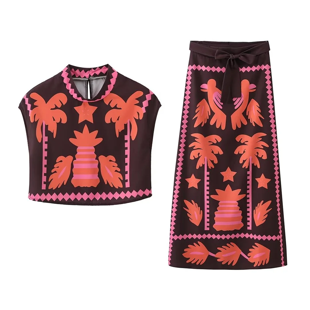 European And American Style 2024 Summer Women's Clothing New Fashion Casual Positioning Printed Top High Waist Skirt Set