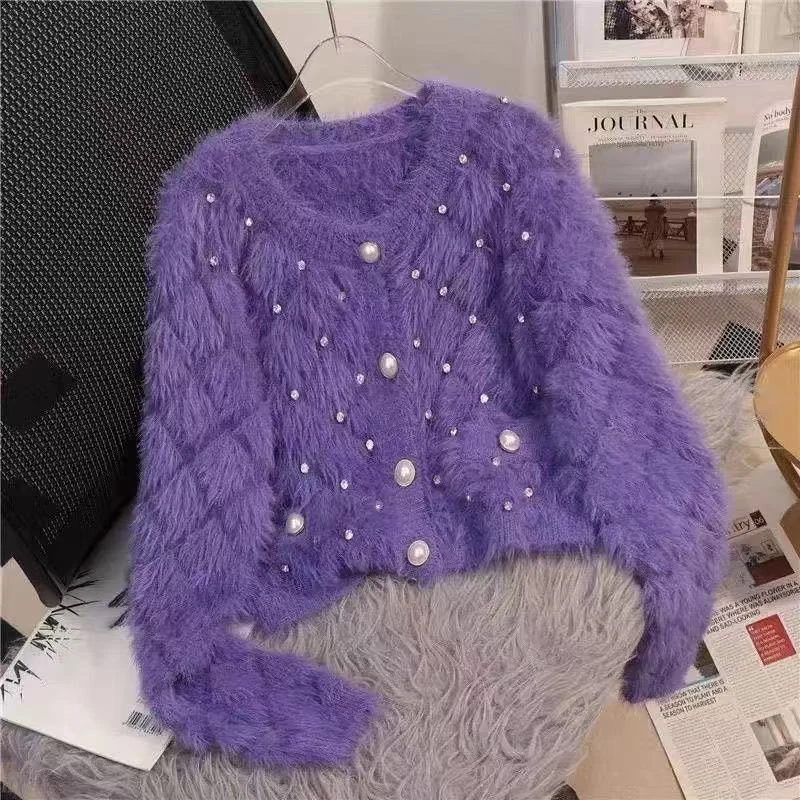 Casual Female Knitted Sweater Jacket Autumn Winter 2025 Long Sleeved Imitation Mink Women Cardigan Sweater Coat Age reduction