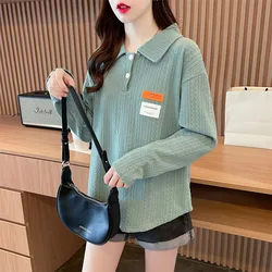 Suéter de manga larga de longitud media para mujer, suéter suelto y versátil, cuello Polo, Jacquard texturizado, edición coreana, moda de otoño e invierno