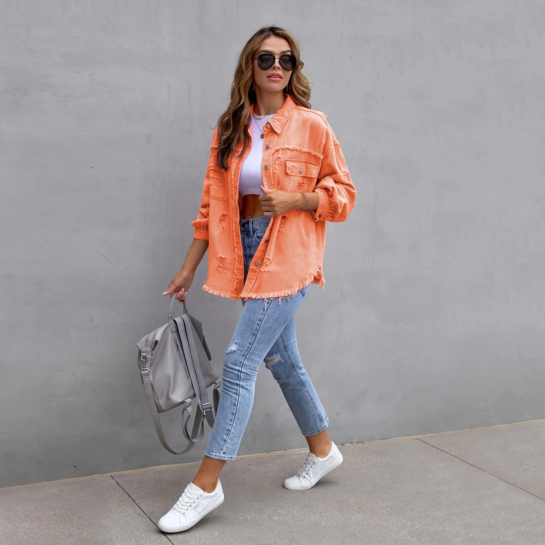 Women's Fashionable Solid Color Mid-Length Ripped Denim Jacket Long-Sleeved Spring Autumn Trend