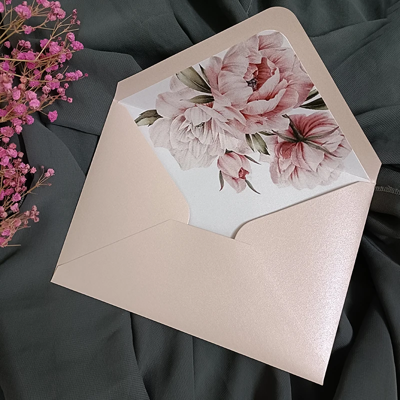 ​50x Light Pink Floral Pearl Envelope for Save The Date Beautiful Wedding Invitation Card Bag Green Money Gift Bag