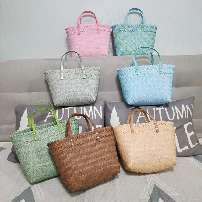 Summer Handmade Pvc Woven Tote Bag Imitation Bamboo Handle Handbag Seaside Holiday Beach Bag Daily Shopping Bag Female 2023