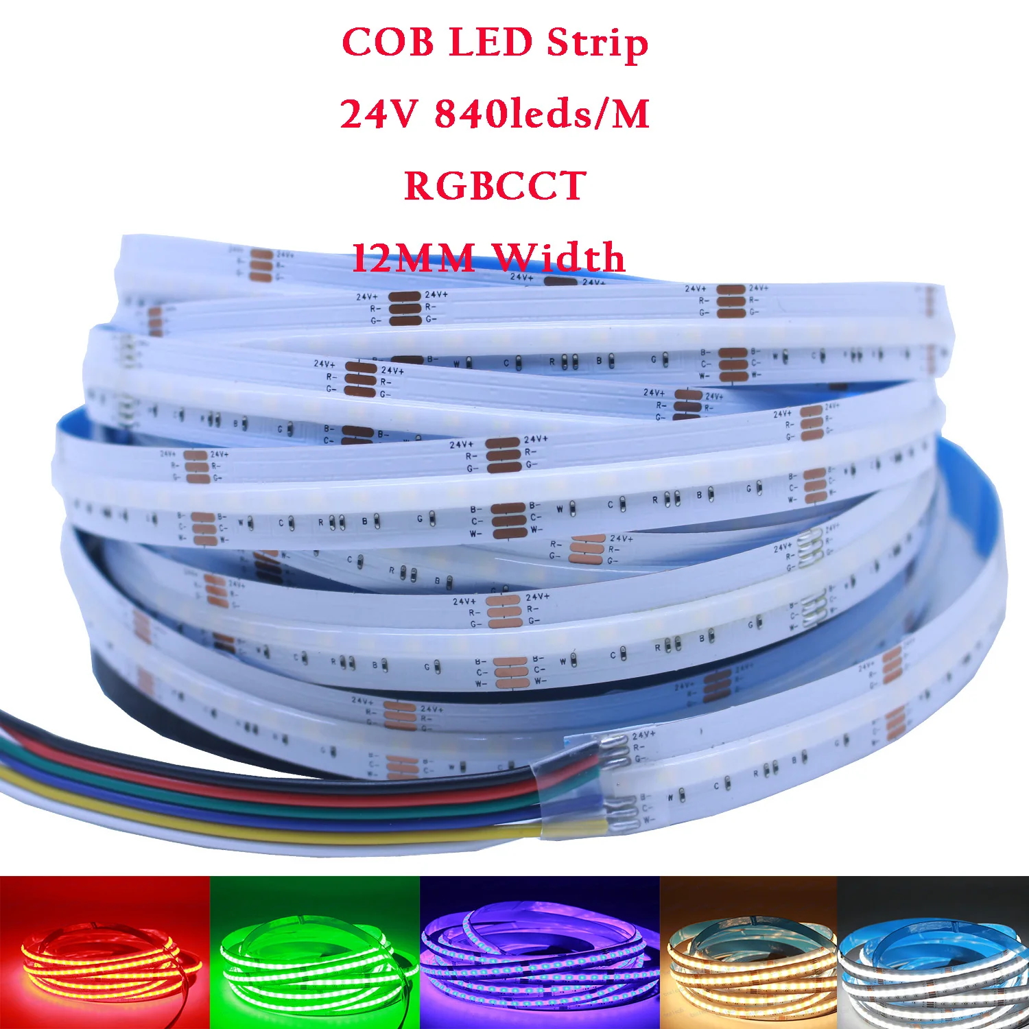 고밀도 유연한 COB RGBCCT RGB CCT LED 조명, DC24V LED 테이프, RGB 라이트 스트립, 롤 당 5M, 840LED/M 608LED