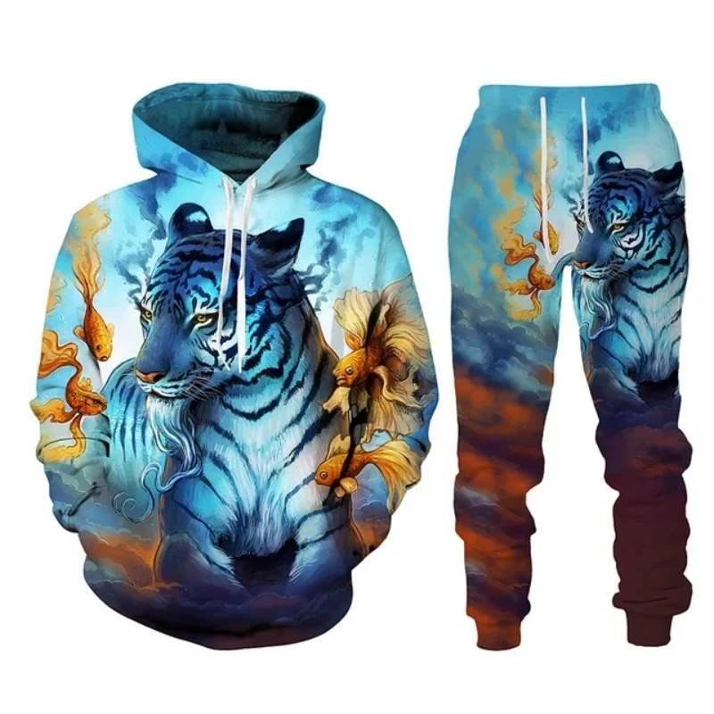 2024 Pants Sets Hoodie Men\'s For Clothing Animal Tiger 3D Printed Y2k Casual Tracksuit Autumn Winter Fashion Streetwear Man