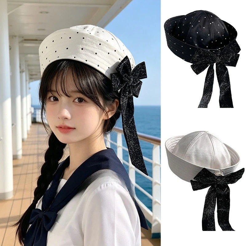 New Korean Style Polka-dot Sailor Hat Spring and Autumn with Bow Ribbon and Versatile Octagonal Flip-brim Beret Caps for Women's