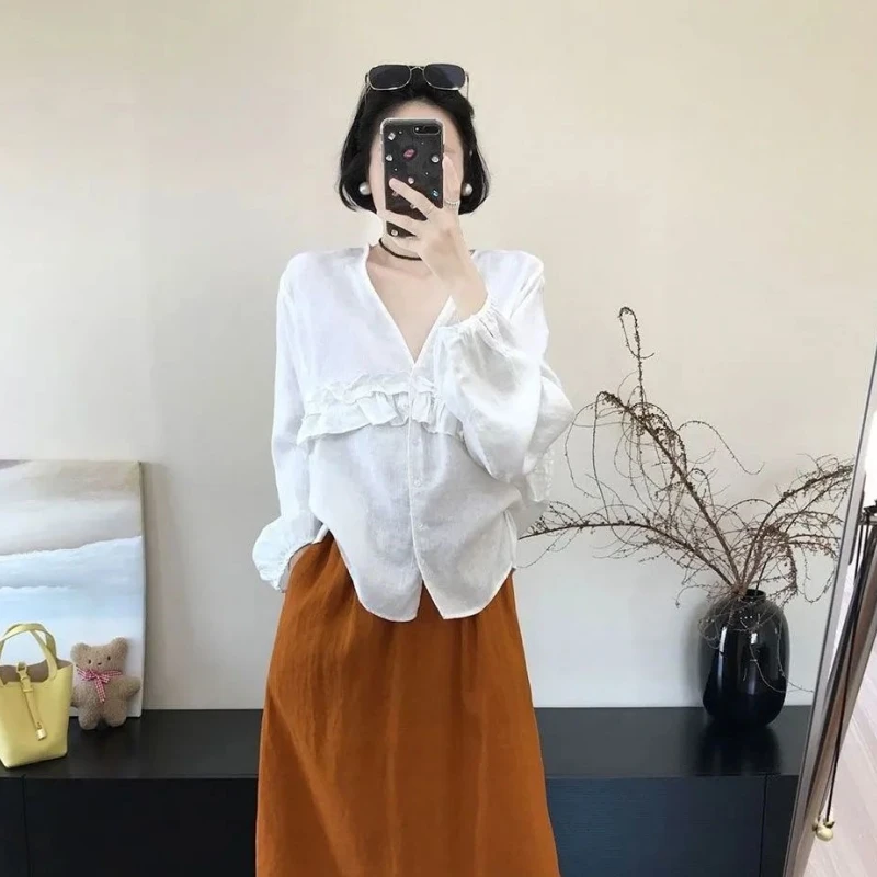 

Loose Fit Cotton Linen irt Long Sve V-Ne Lantern Sve Spring Autumn Sle Men Women Casual Breathable Comfortable