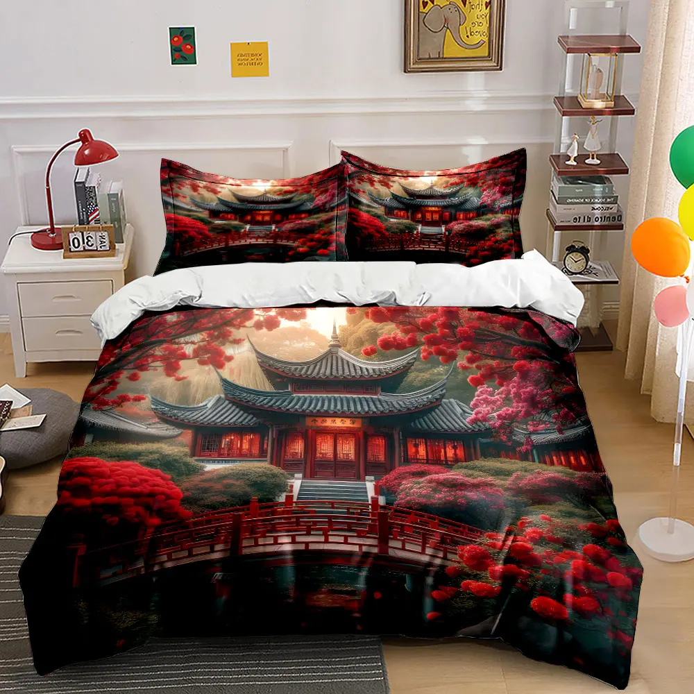 Classical Courtyard with Red Bridge Duvet Cover Set with 3D Printing Design Soft Polyester Bedding Set All-Season Comfort