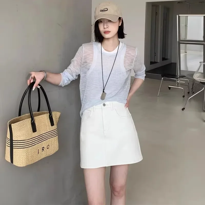Women High Waist White Denim Mini Skirt Slim Loose Non-Stretch Casual Skirt With Liner