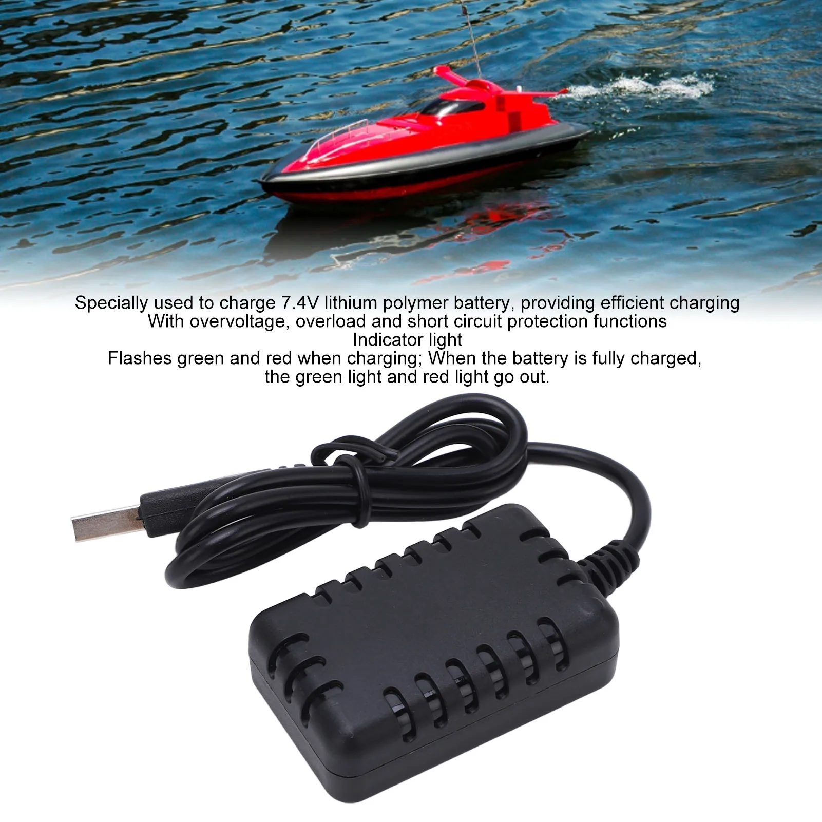 Chargeur d'équilibre de batterie LiPo 2 en 1 7.4V, chargeur USB noir Portable en plastique avec voyant lumineux pour voitures et bateaux Wltoys RC