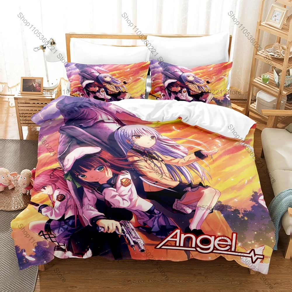 Cool Angel Beats White Hair Kanade Angel SSS Gun Battle Afterlife School Anime Print Duvet Cover + 2 Pillowcases Sad Cherry Blos