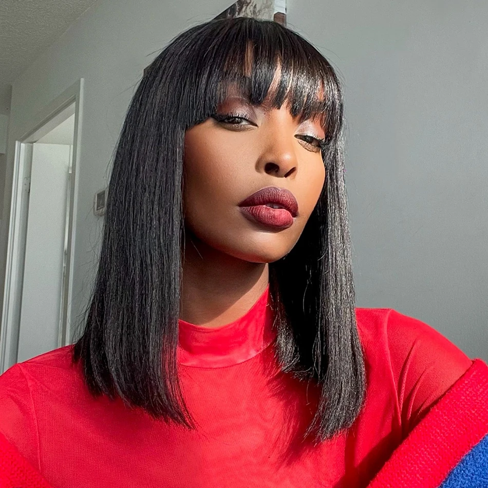 

Парик из натуральных волос Bob Straight с челкой, 3X1, с центральным пробором, полностью машинной работы, короткий парик-каре из натуральных волос для женщин