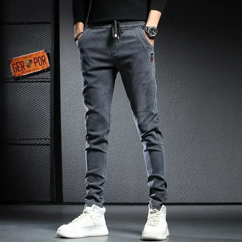 

Autumn Winter Baggy Jeans Man Brushed Thicken Wool Plush Cowboy Black Korean Designer Clothing Cargos Drawstring Slim Trousers