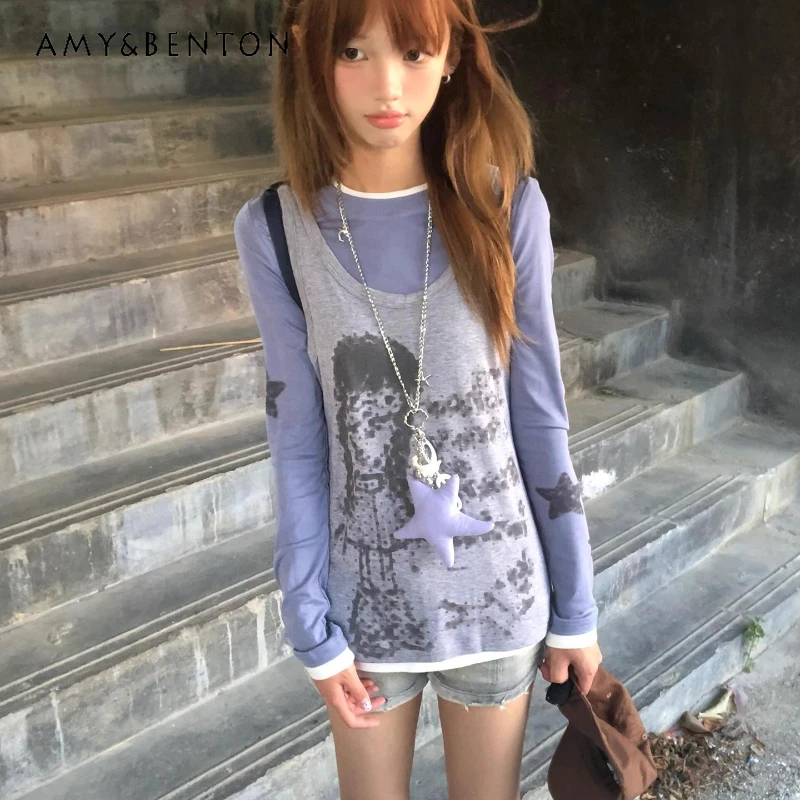 

Винтажный дизайн, женская футболка с длинными рукавами и субкультурой, осенний новый многослойный жилет, свободный утягивающий универсальный топ, женский комплект из двух предметов