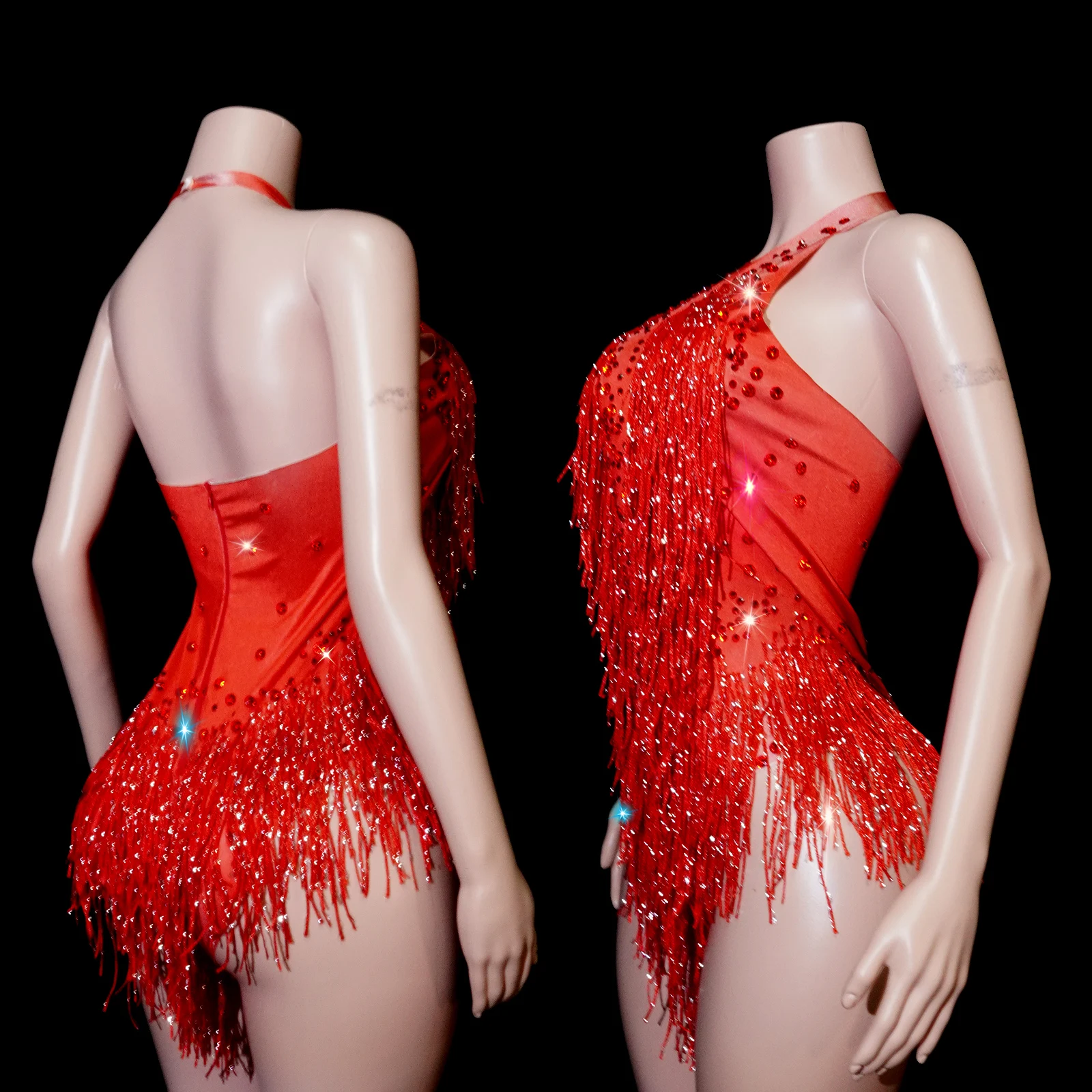 Women's Sparkly Red Rhinestones Tassel Bodysuit Glitter Fringed Bathing Suit Clubwear Nightclub Singer Dance Drag Stage Costume