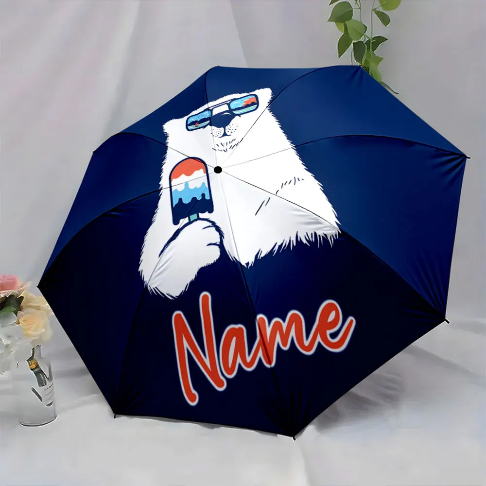 Custom Name Cool Polar Bear Umbrella with Popsicle Design Print 8 Iron Ribs Folding Umbrella, Auto-Open Fashion Sunshade