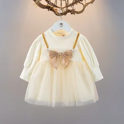 Toddler Baby Dresses For Girls Cotton Long Sleeve Mesh Bow Lace Girls Dress Fashion Princess Clothes For Kids Spring Autumn New