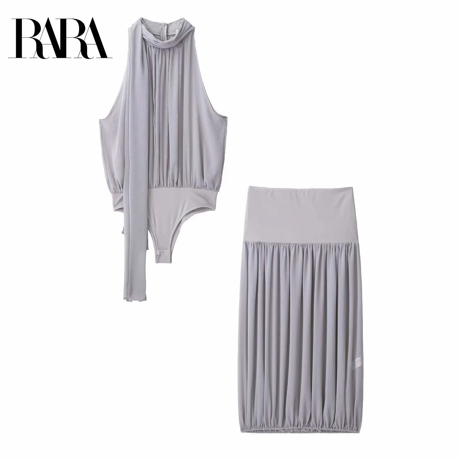 

RARA2025 new summer women's casual simple bow-decorated tulle comfortable casual jumpsuit top + balloon version long skirt